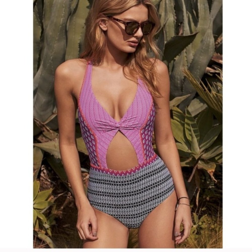 BCA Cutout Caged Printed One Piece Swimsuit
